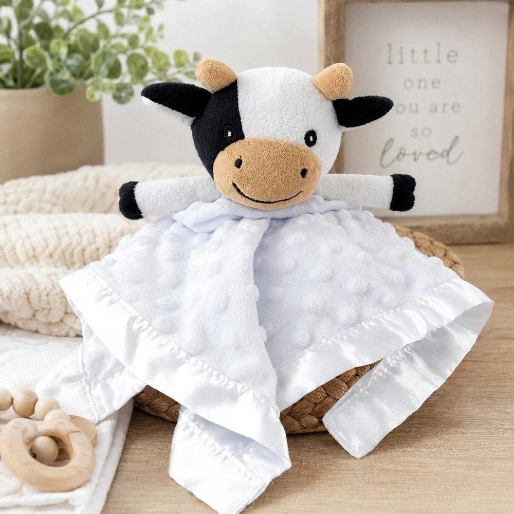 Pro Goleem Cow Baby Lovey Security Blanket 16x16 White Minky Satin Trim Plush